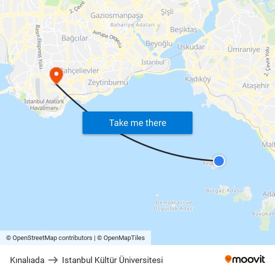 Kınalıada to Istanbul Kültür Üniversitesi map