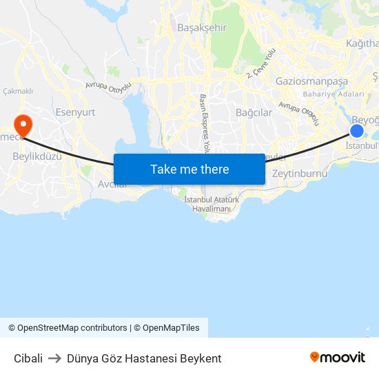 Cibali to Dünya Göz Hastanesi Beykent map