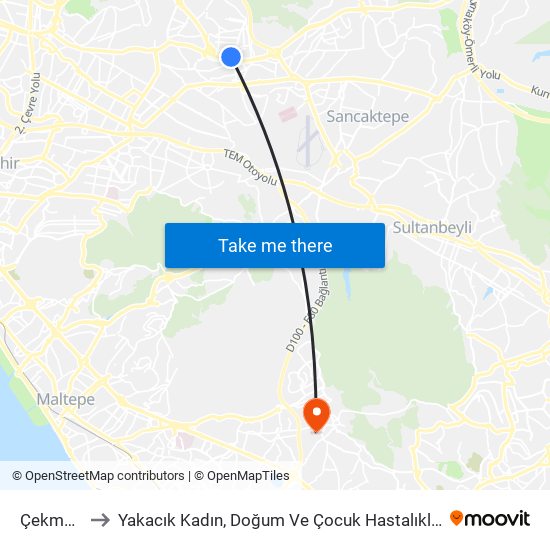 Çekmeköy to Yakacık Kadın, Doğum Ve Çocuk Hastalıkları Hastanesi map