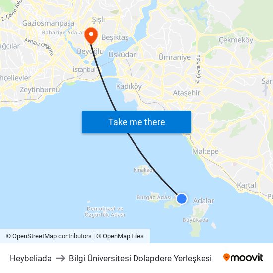 Heybeliada to Bilgi Üniversitesi Dolapdere Yerleşkesi map