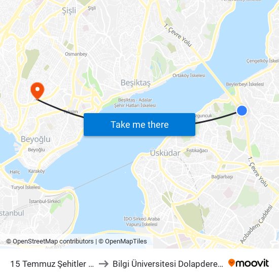 15 Temmuz Şehitler Köprüsü to Bilgi Üniversitesi Dolapdere Yerleşkesi map