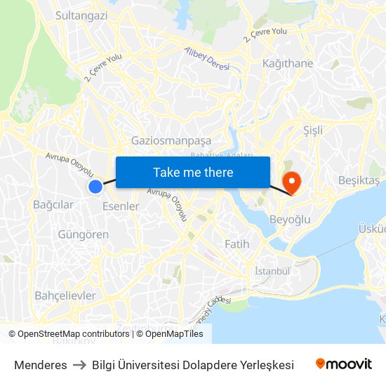 Menderes to Bilgi Üniversitesi Dolapdere Yerleşkesi map
