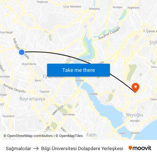 Sağmalcılar to Bilgi Üniversitesi Dolapdere Yerleşkesi map