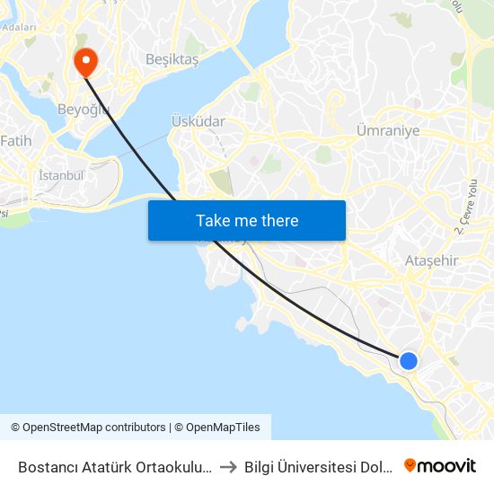Bostancı Atatürk Ortaokulu / Bereket Sıtesı Yönü to Bilgi Üniversitesi Dolapdere Yerleşkesi map