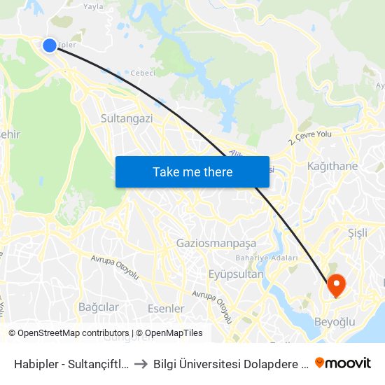Habipler - Sultançiftliği Yönü to Bilgi Üniversitesi Dolapdere Yerleşkesi map