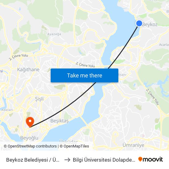 Beykoz Belediyesi / Üsküdar Yönü to Bilgi Üniversitesi Dolapdere Yerleşkesi map