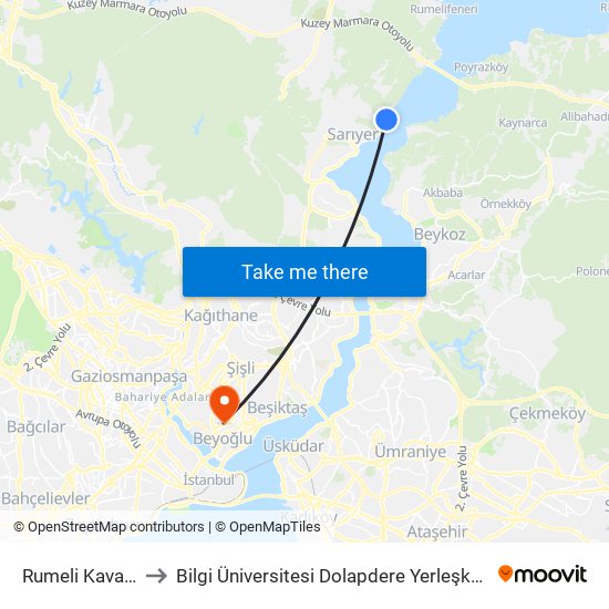 Rumeli Kavağı to Bilgi Üniversitesi Dolapdere Yerleşkesi map