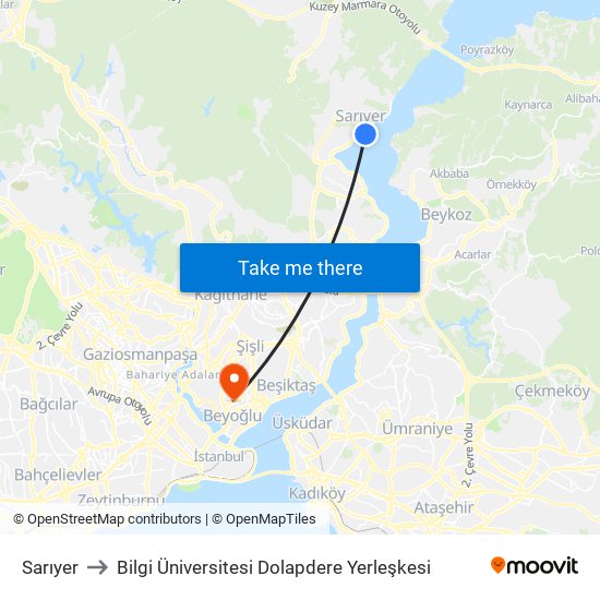 Sarıyer to Bilgi Üniversitesi Dolapdere Yerleşkesi map