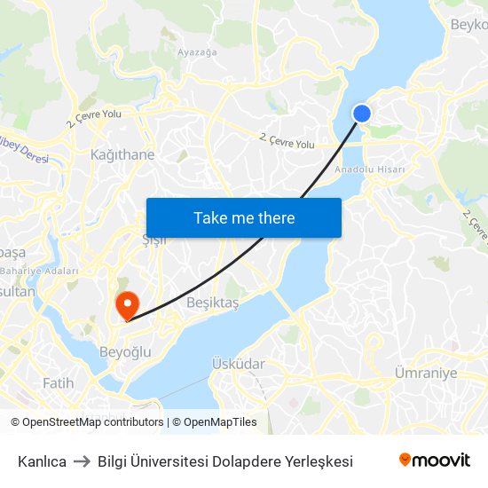 Kanlıca to Bilgi Üniversitesi Dolapdere Yerleşkesi map