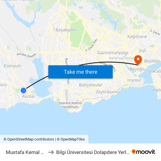 Mustafa Kemal Paşa to Bilgi Üniversitesi Dolapdere Yerleşkesi map