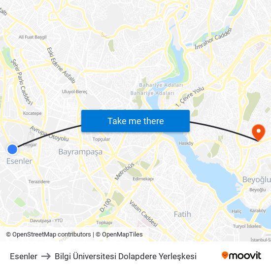 Esenler to Bilgi Üniversitesi Dolapdere Yerleşkesi map