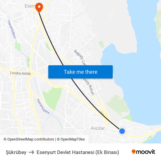 Şükrübey to Esenyurt Devlet Hastanesi (Ek Binası) map