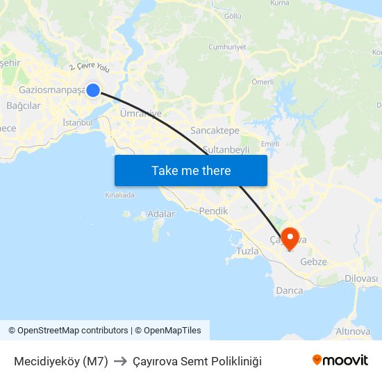 Mecidiyeköy (M7) to Çayırova Semt Polikliniği map