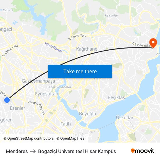 Menderes to Boğaziçi Üniversitesi Hisar Kampüs map