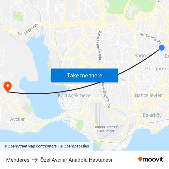Menderes to Özel Avcılar Anadolu Hastanesi map