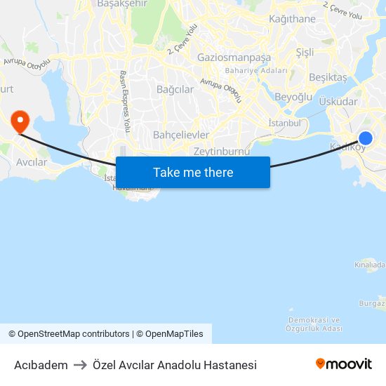 Acıbadem to Özel Avcılar Anadolu Hastanesi map