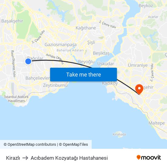 Kirazlı to Acıbadem Kozyatağı Hastahanesi map