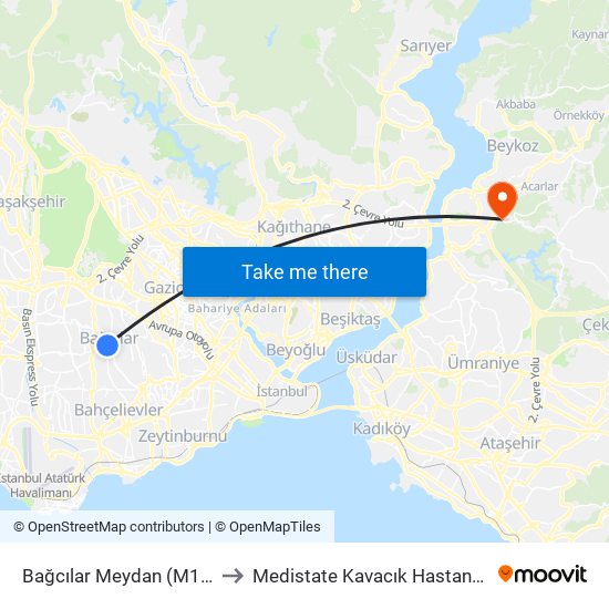 Bağcılar Meydan (M1b) to Medistate Kavacık Hastanesi map