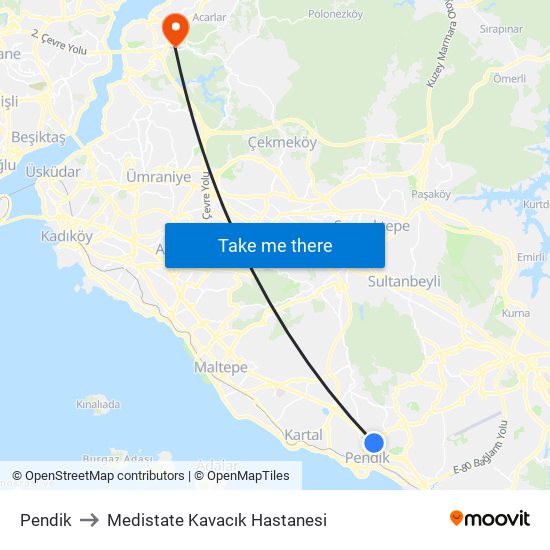Pendik to Medistate Kavacık Hastanesi map