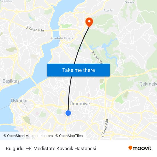Bulgurlu to Medistate Kavacık Hastanesi map