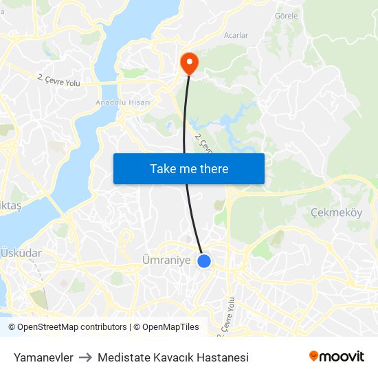 Yamanevler to Medistate Kavacık Hastanesi map