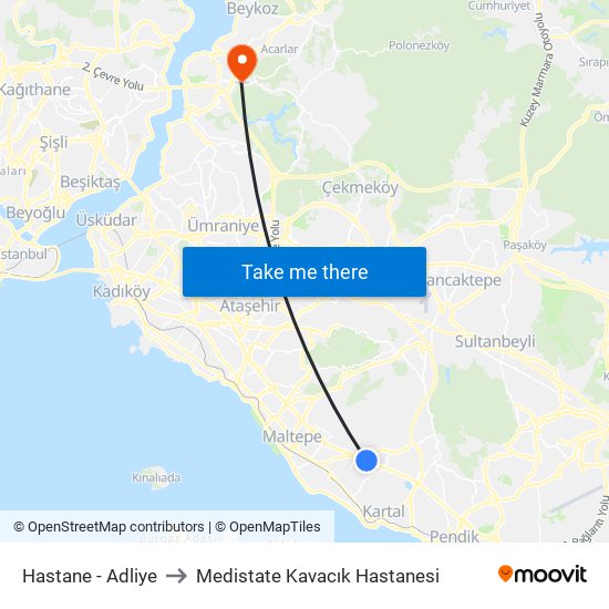 Hastane - Adliye to Medistate Kavacık Hastanesi map