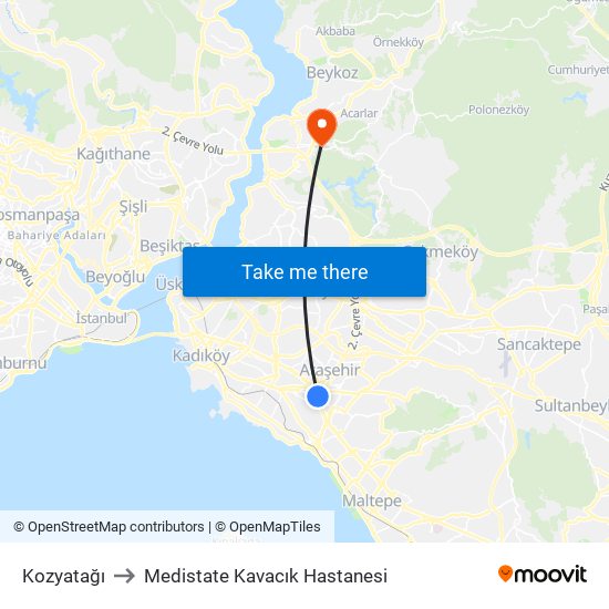 Kozyatağı to Medistate Kavacık Hastanesi map