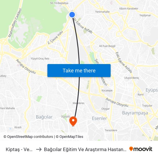 Kiptaş - Venezia to Bağcılar Eğitim Ve Araştırma Hastanesi Ek Bina map