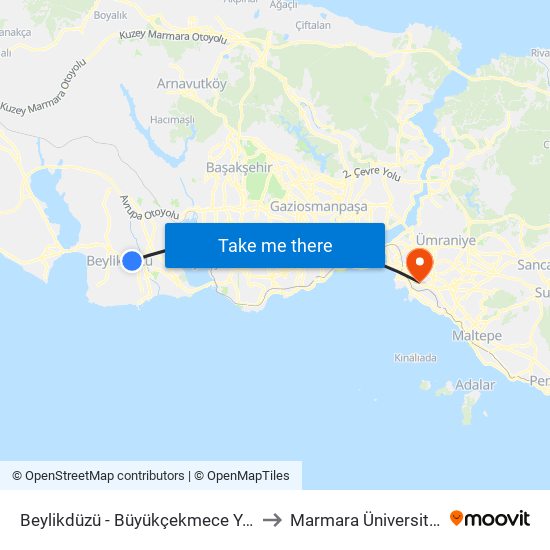 Beylikdüzü - Büyükçekmece Yönü to Marmara Üniversitesi map