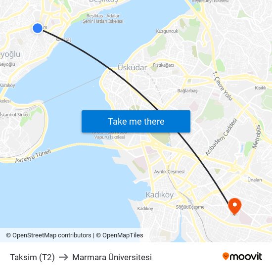 Taksim (T2) to Marmara Üniversitesi map