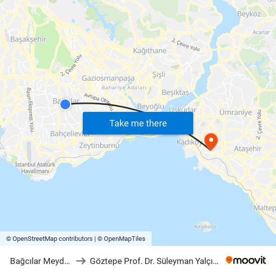 Bağcılar Meydan (M1b) to Göztepe Prof. Dr. Süleyman Yalçın Şehir Hastanesi map