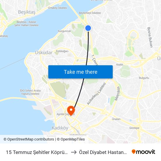 15 Temmuz Şehitler Köprüsü to Özel Diyabet Hastanesi map
