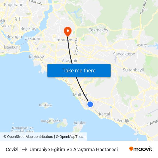 Cevizli to Ümraniye Eğitim Ve Araştırma Hastanesi map