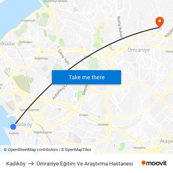 Kadıköy to Ümraniye Eğitim Ve Araştırma Hastanesi map