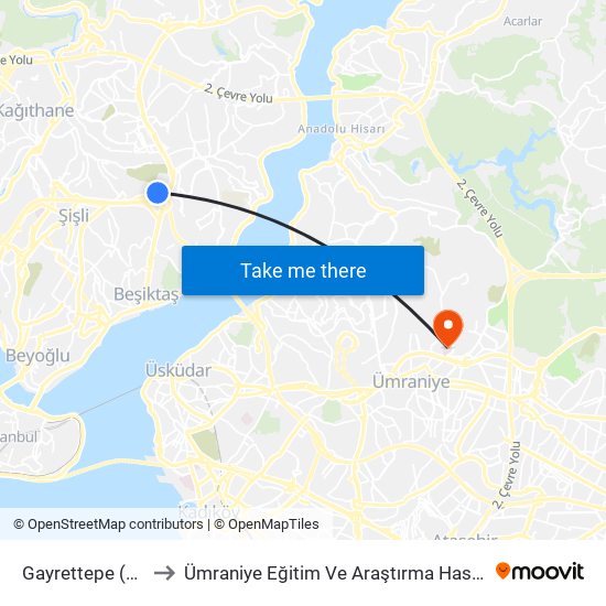 Gayrettepe (M2) to Ümraniye Eğitim Ve Araştırma Hastanesi map