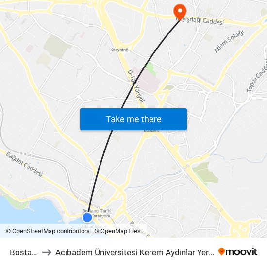 Bostancı to Acıbadem Üniversitesi Kerem Aydınlar Yerleşkesi map