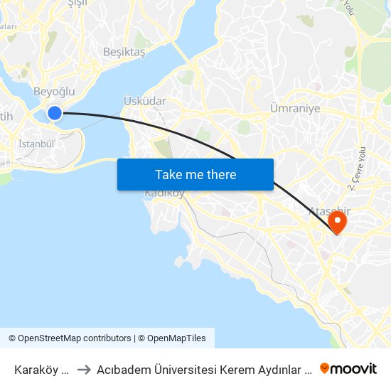 Karaköy (F2) to Acıbadem Üniversitesi Kerem Aydınlar Yerleşkesi map