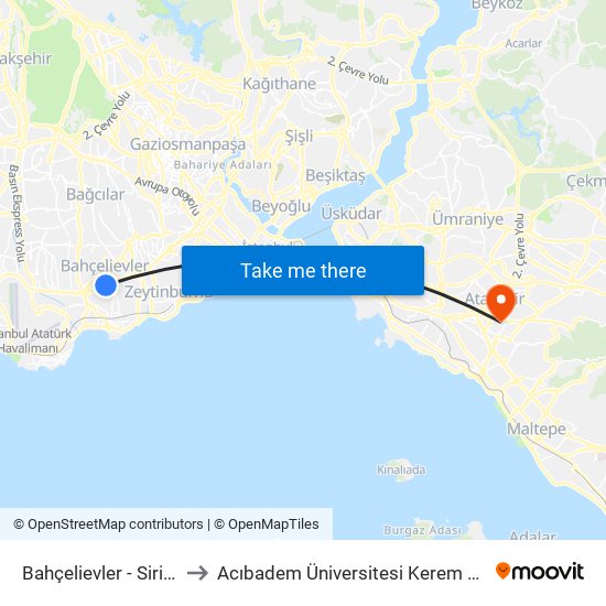 Bahçelievler - Sirinevler Yönü to Acıbadem Üniversitesi Kerem Aydınlar Yerleşkesi map