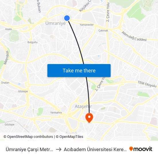 Ümraniye Çarşi Metro - Üsküdar Yönü to Acıbadem Üniversitesi Kerem Aydınlar Yerleşkesi map