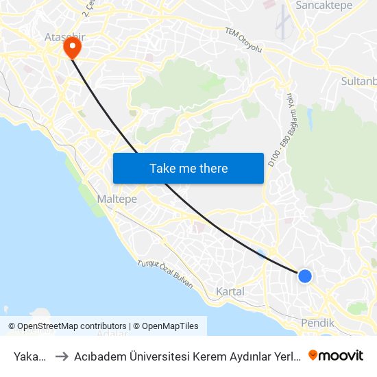 Yakacık to Acıbadem Üniversitesi Kerem Aydınlar Yerleşkesi map