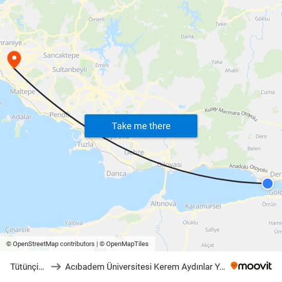 Tütünçiftlik to Acıbadem Üniversitesi Kerem Aydınlar Yerleşkesi map