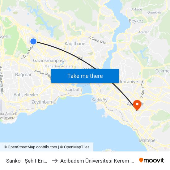 Sanko - Şehit Engin Açıkgöz to Acıbadem Üniversitesi Kerem Aydınlar Yerleşkesi map