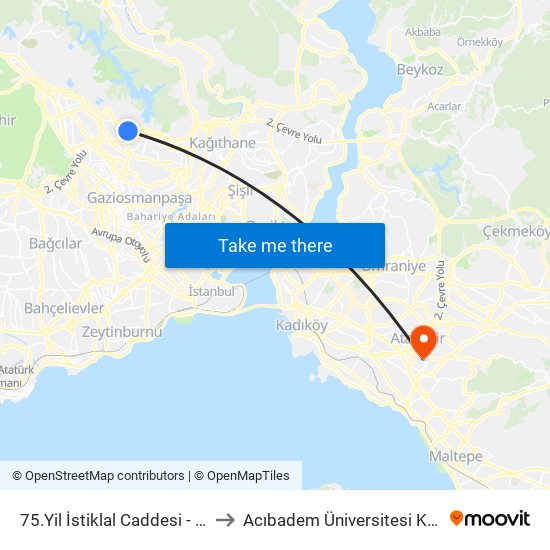 75.Yil İstiklal Caddesi - Yunus Emre Mah. Yönü to Acıbadem Üniversitesi Kerem Aydınlar Yerleşkesi map