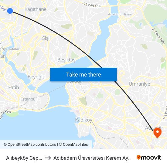 Alibeyköy Cep Otogarı to Acıbadem Üniversitesi Kerem Aydınlar Yerleşkesi map