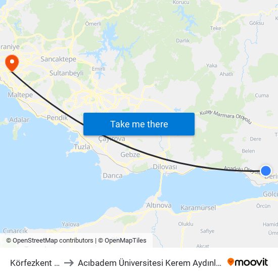 Körfezkent  Çarşı to Acıbadem Üniversitesi Kerem Aydınlar Yerleşkesi map
