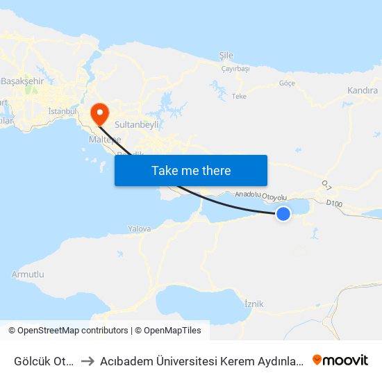 Gölcük Otogar to Acıbadem Üniversitesi Kerem Aydınlar Yerleşkesi map