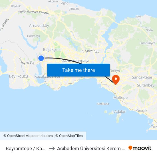 Bayramtepe / Kayaşehir Yönü to Acıbadem Üniversitesi Kerem Aydınlar Yerleşkesi map