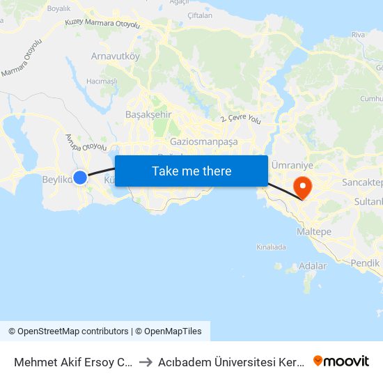 Mehmet Akif Ersoy Camii - Avcilar Yönü to Acıbadem Üniversitesi Kerem Aydınlar Yerleşkesi map