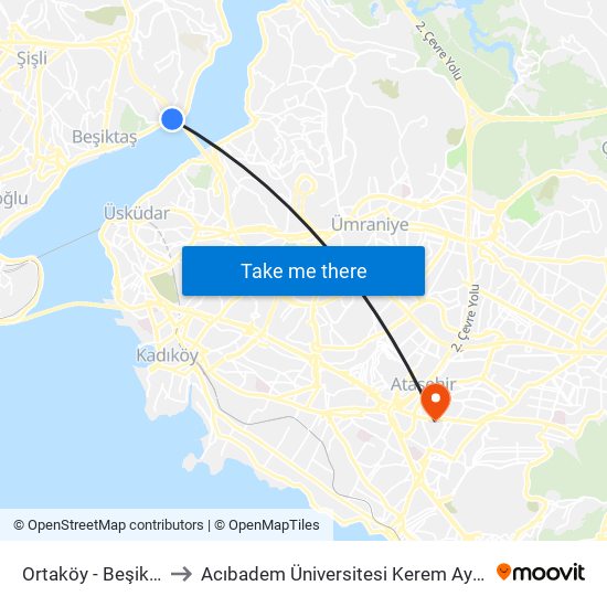 Ortaköy - Beşiktaş Yönü to Acıbadem Üniversitesi Kerem Aydınlar Yerleşkesi map