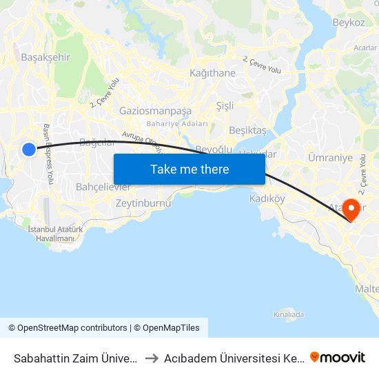 Sabahattin Zaim Üniversitesi - Sefaköy Yönü to Acıbadem Üniversitesi Kerem Aydınlar Yerleşkesi map